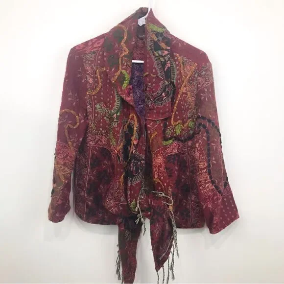 Multiples Colorful Embroidered and Patterned Asymmetrical Statement Jacket - Picture 2 of 16